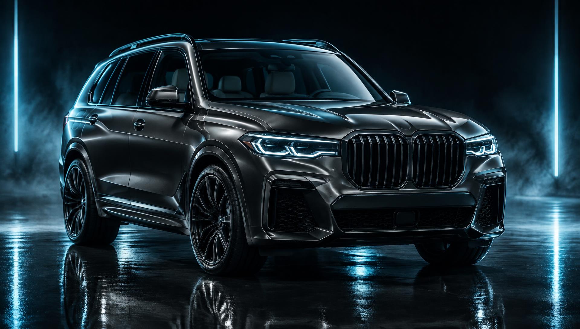 Dark luxury SUV with a flawless windshield in the VELORA studio